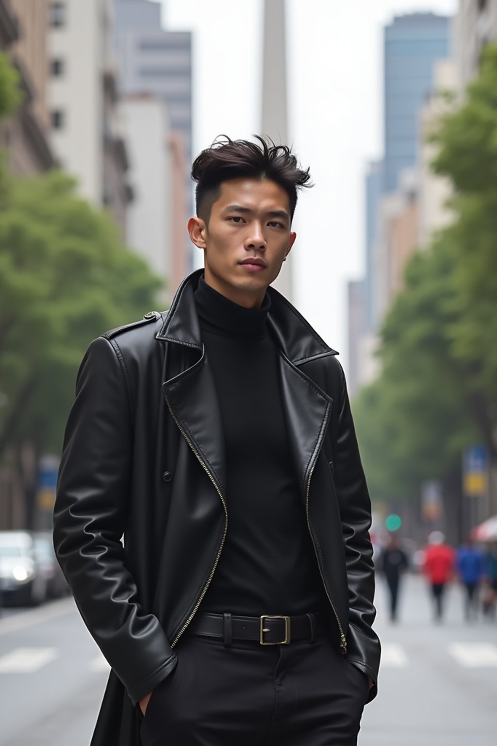 sharp and trendy man in Buenos Aires wearing a modern street style outfit, Obelisco de Buenos Aires in the background