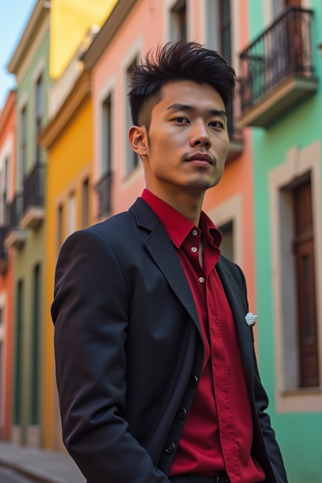 sharp and trendy man in Buenos Aires wearing a tango-inspired dress/suit, colorful houses of La Boca neighborhood in the background