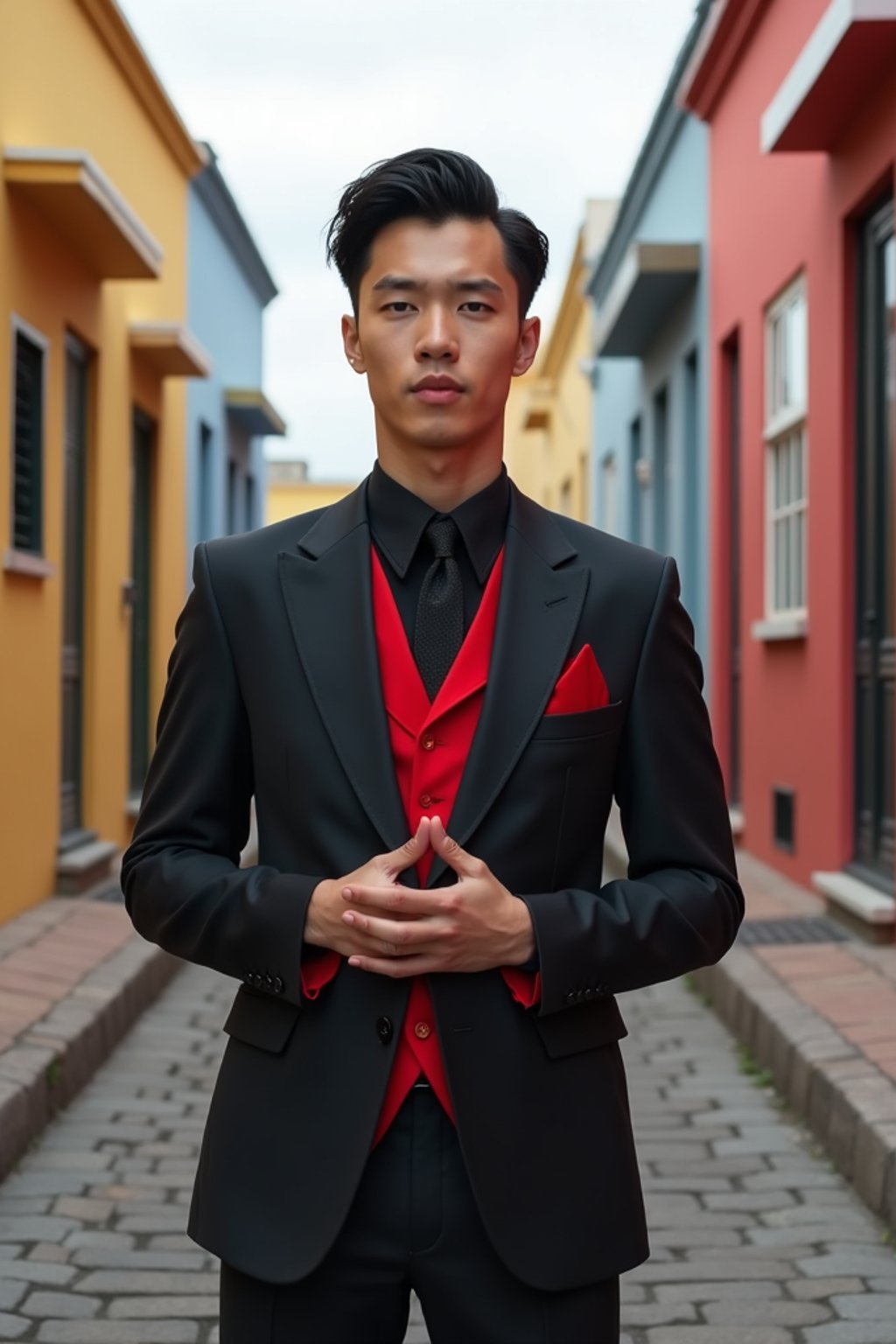 sharp and trendy man in Buenos Aires wearing a tango-inspired dress/suit, colorful houses of La Boca neighborhood in the background