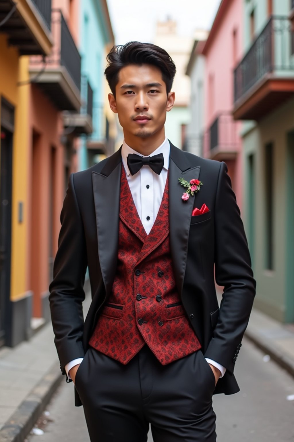 sharp and trendy man in Buenos Aires wearing a tango-inspired dress/suit, colorful houses of La Boca neighborhood in the background