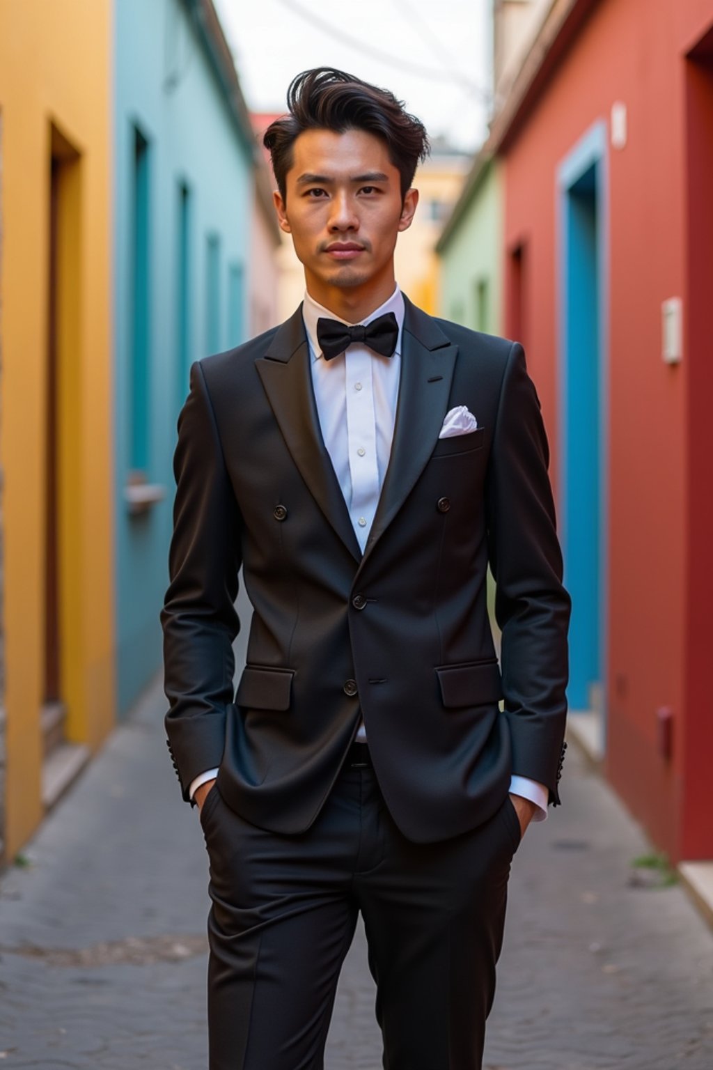 sharp and trendy man in Buenos Aires wearing a tango-inspired dress/suit, colorful houses of La Boca neighborhood in the background