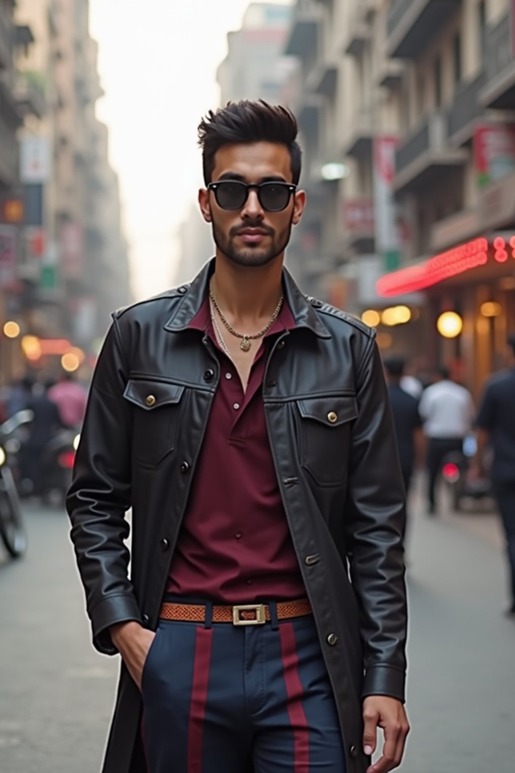 sharp and trendy man in Mumbai wearing a contemporary fusion outfit, bustling streets of Mumbai in the background