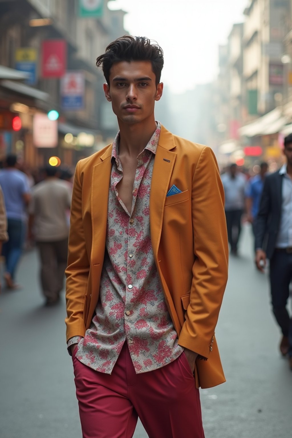 sharp and trendy man in Mumbai wearing a contemporary fusion outfit, bustling streets of Mumbai in the background