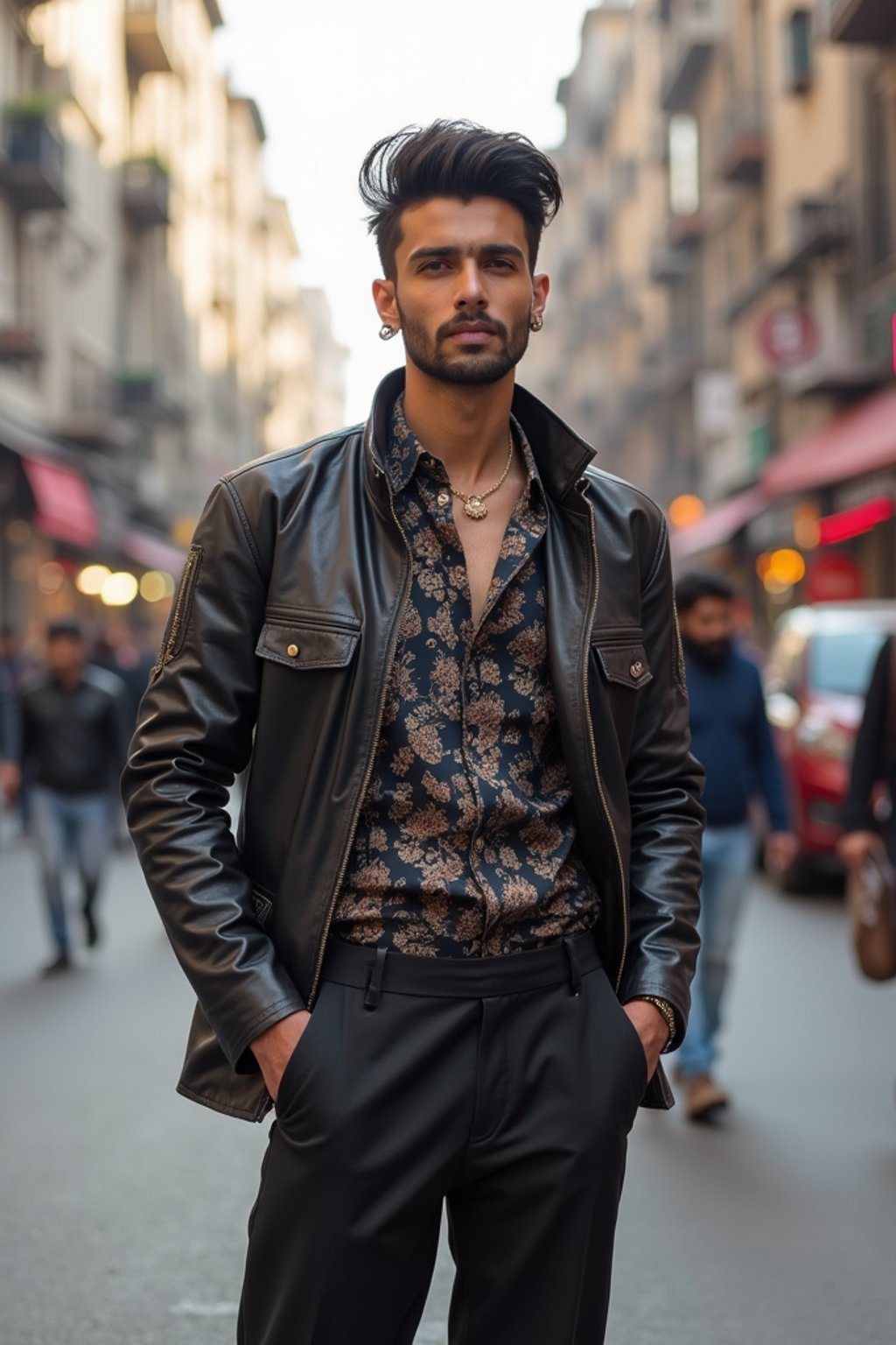 sharp and trendy man in Mumbai wearing a contemporary fusion outfit, bustling streets of Mumbai in the background