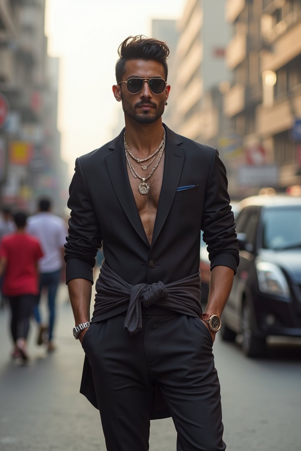 sharp and trendy man in Mumbai wearing a contemporary fusion outfit, bustling streets of Mumbai in the background