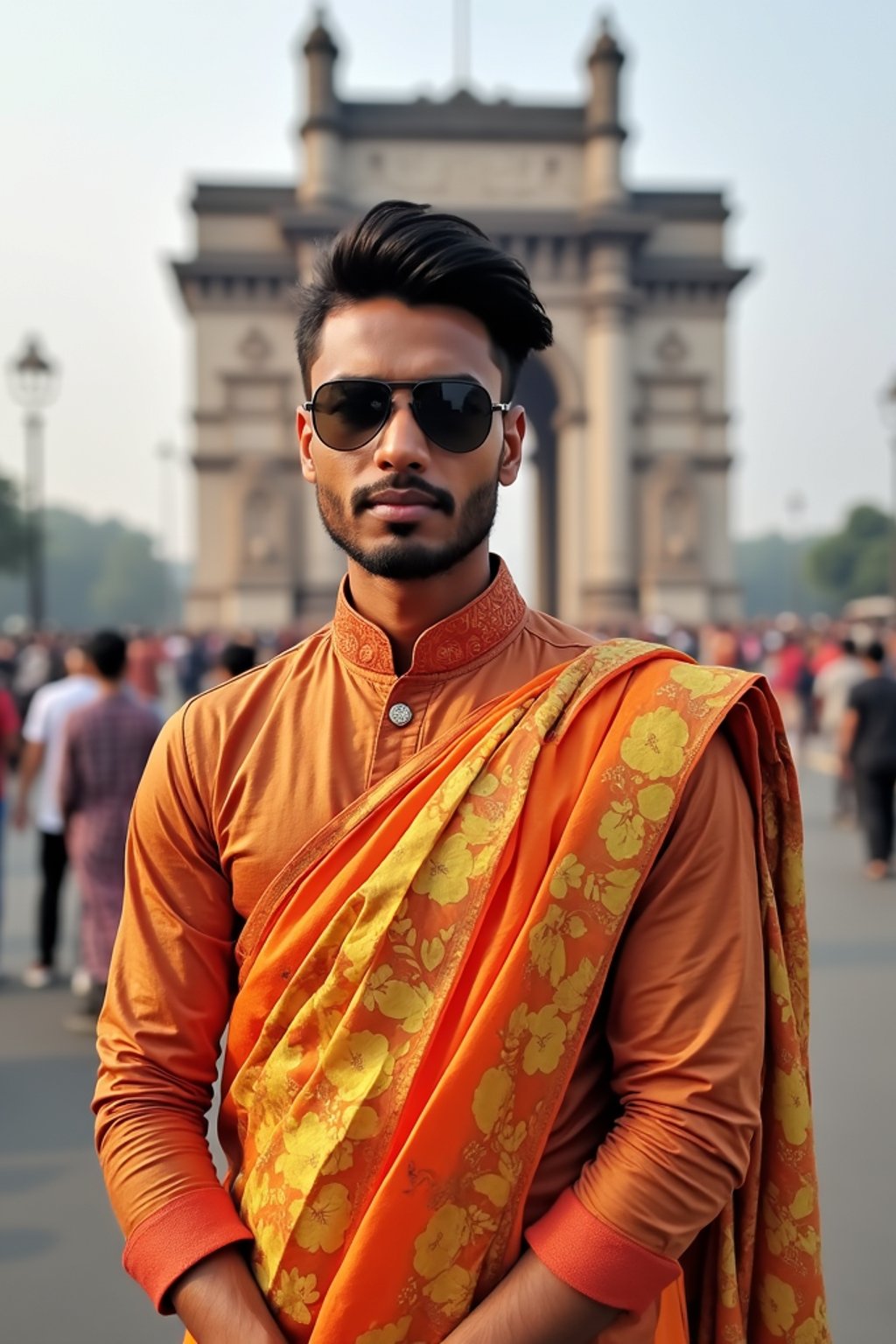 sharp and trendy man in Mumbai wearing a vibrant saree/kurta, Gateway of India in the background