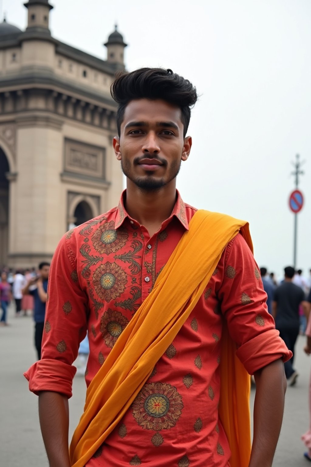 sharp and trendy man in Mumbai wearing a vibrant saree/kurta, Gateway of India in the background