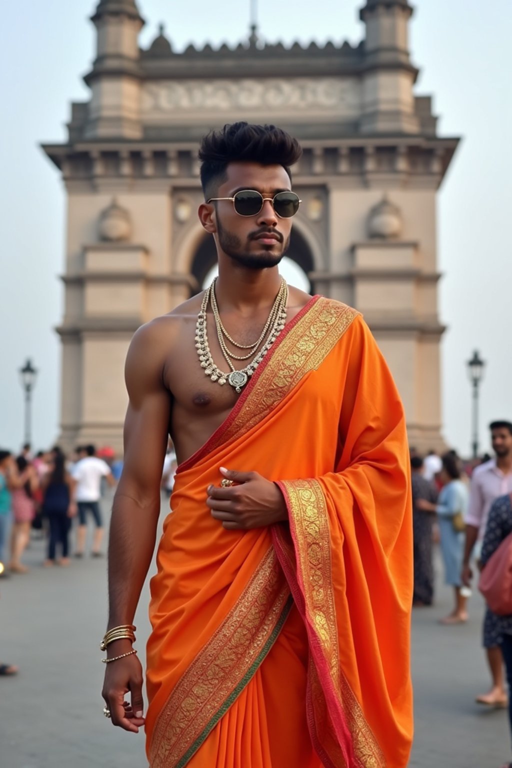 sharp and trendy man in Mumbai wearing a vibrant saree/kurta, Gateway of India in the background