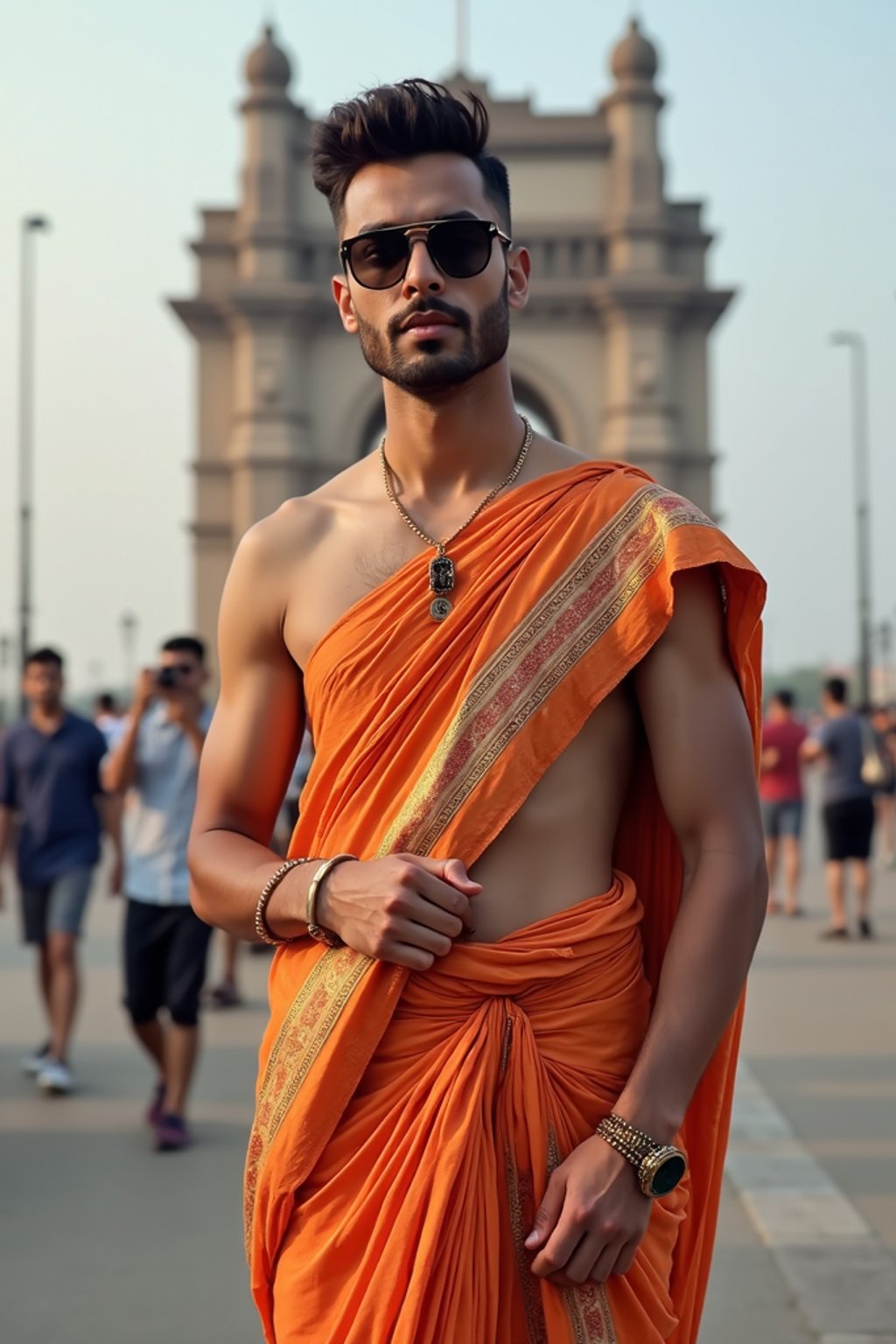 sharp and trendy man in Mumbai wearing a vibrant saree/kurta, Gateway of India in the background