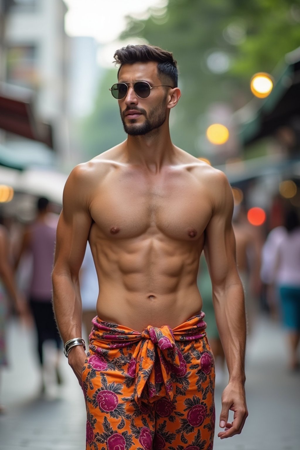 sharp and trendy man in Thailand wearing a vibrant sarong, Bangkok in the background