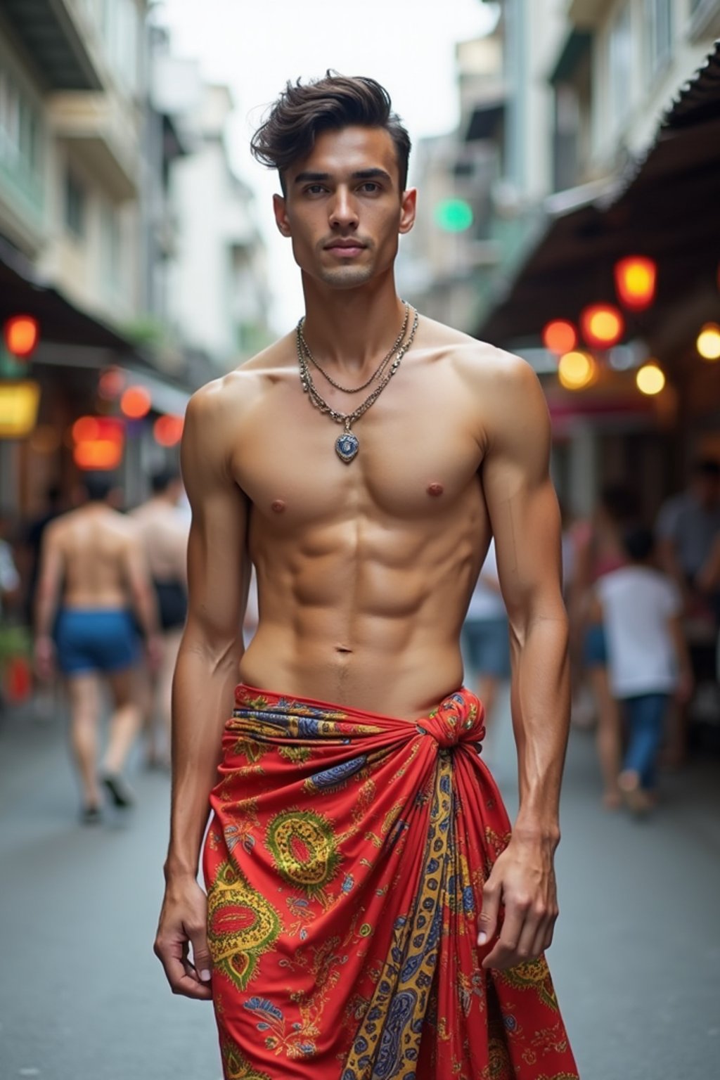 sharp and trendy man in Thailand wearing a vibrant sarong, Bangkok in the background