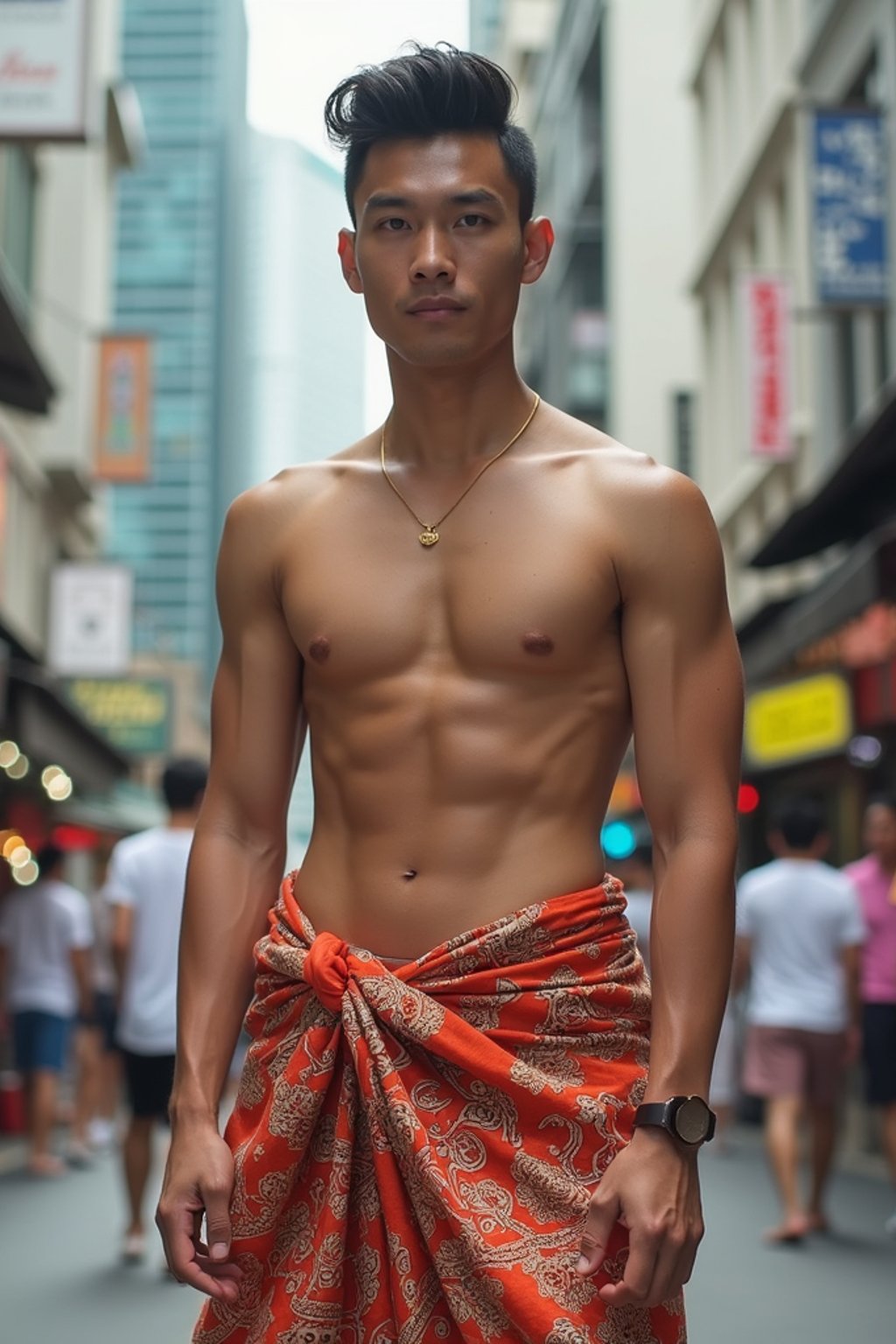 sharp and trendy man in Thailand wearing a vibrant sarong, Bangkok in the background