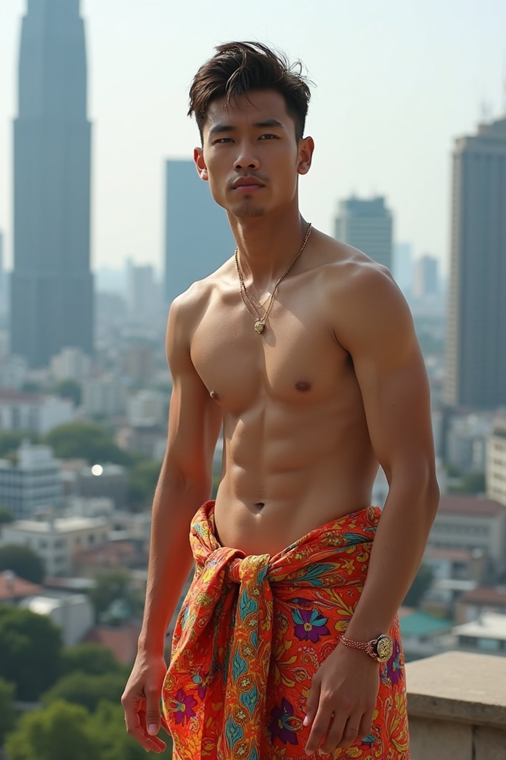 sharp and trendy man in Thailand wearing a vibrant sarong, Bangkok in the background