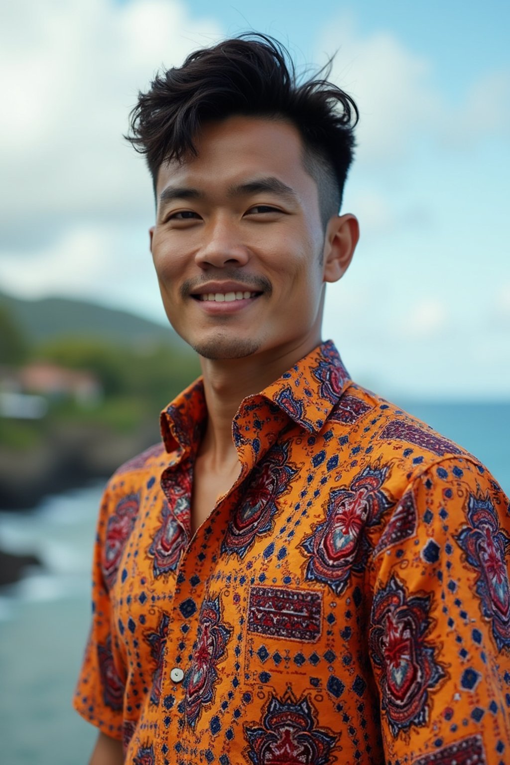 sharp and trendy man in Bali wearing vibrant Batik clothes, Bali, Indonesia in the background