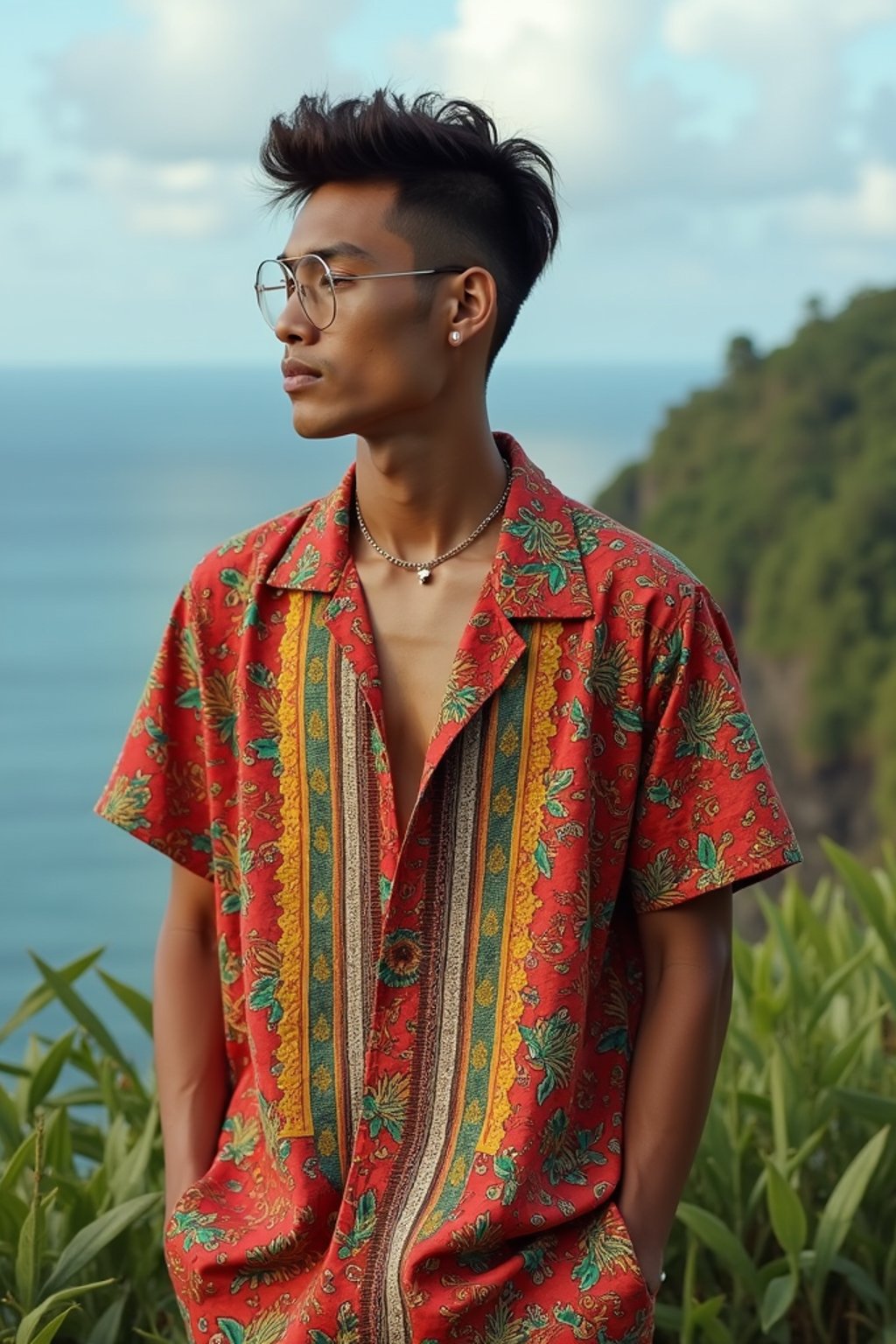 sharp and trendy man in Bali wearing vibrant Batik clothes, Bali, Indonesia in the background