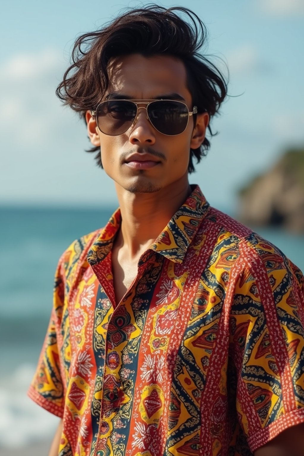 sharp and trendy man in Bali wearing vibrant Batik clothes, Bali, Indonesia in the background