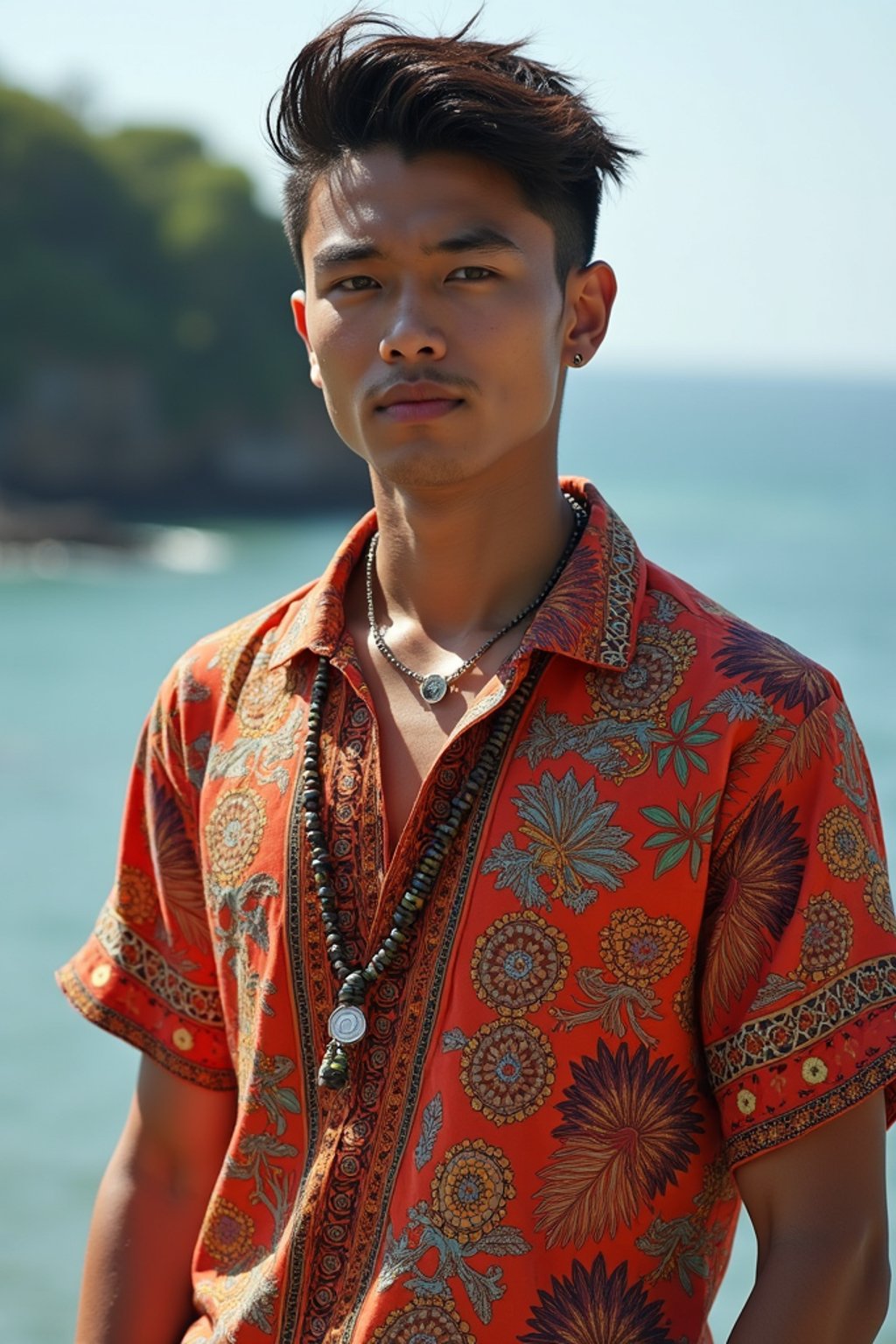 sharp and trendy man in Bali wearing vibrant Batik clothes, Bali, Indonesia in the background