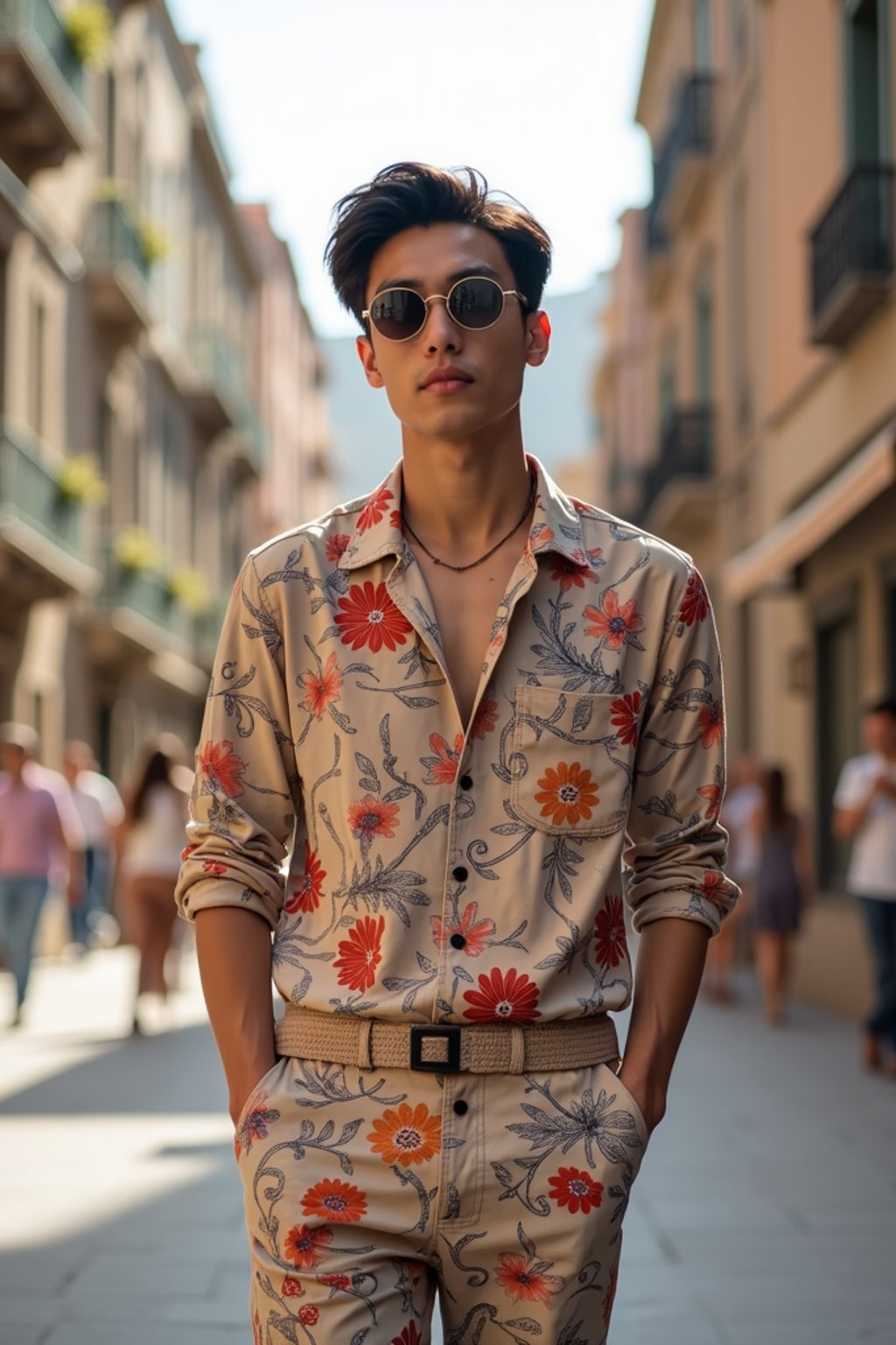 sharp and trendy man in Barcelona wearing a stylish summer outfit, La Sagrada Família in the background