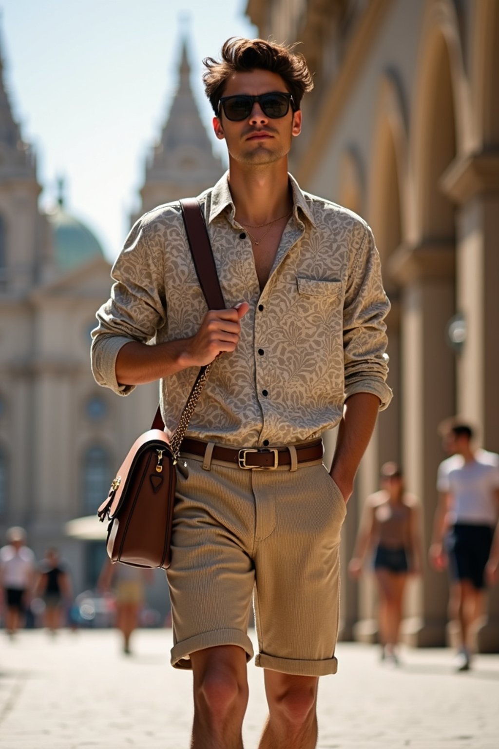 sharp and trendy man in Barcelona wearing a stylish summer outfit, La Sagrada Família in the background