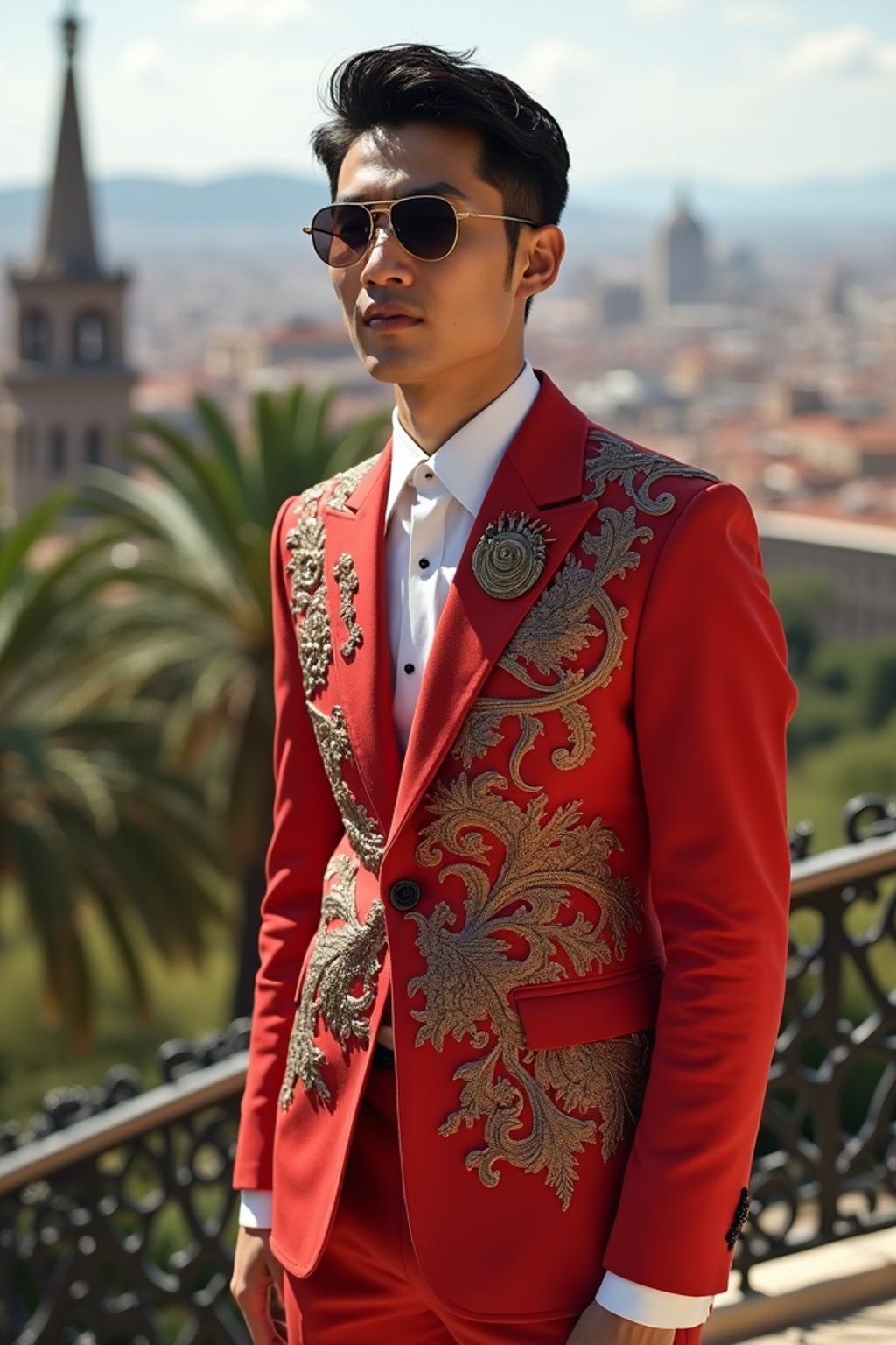 sharp and trendy man in Barcelona wearing a flamenco-inspired dress/suit, Park Güell in the background