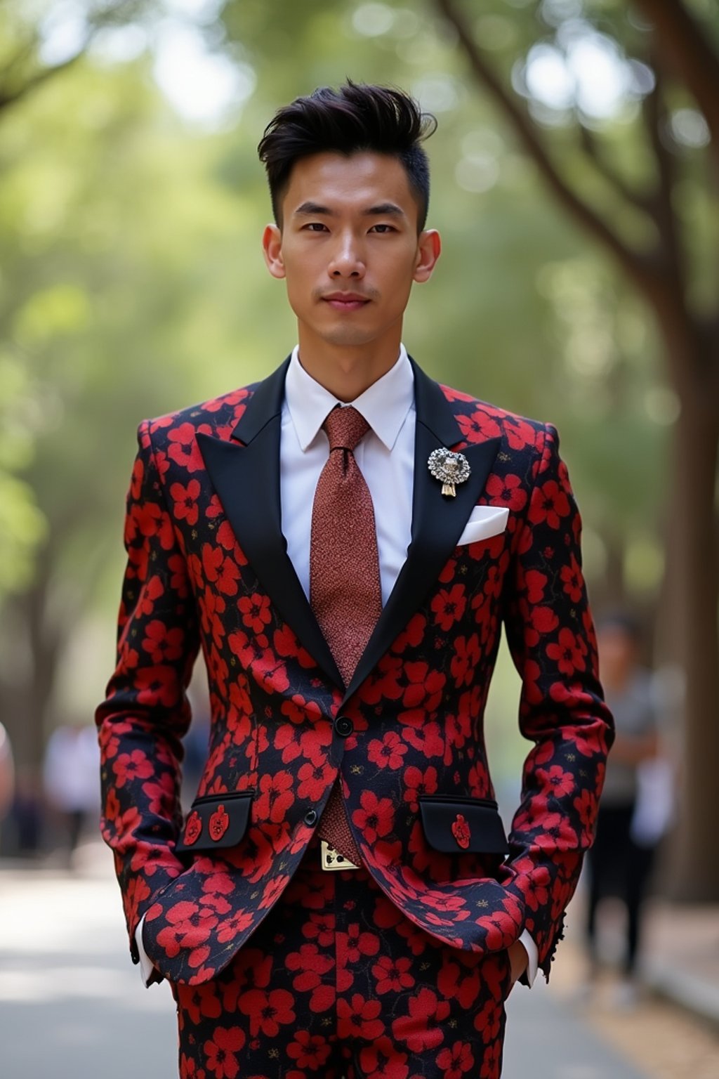 sharp and trendy man in Barcelona wearing a flamenco-inspired dress/suit, Park Güell in the background