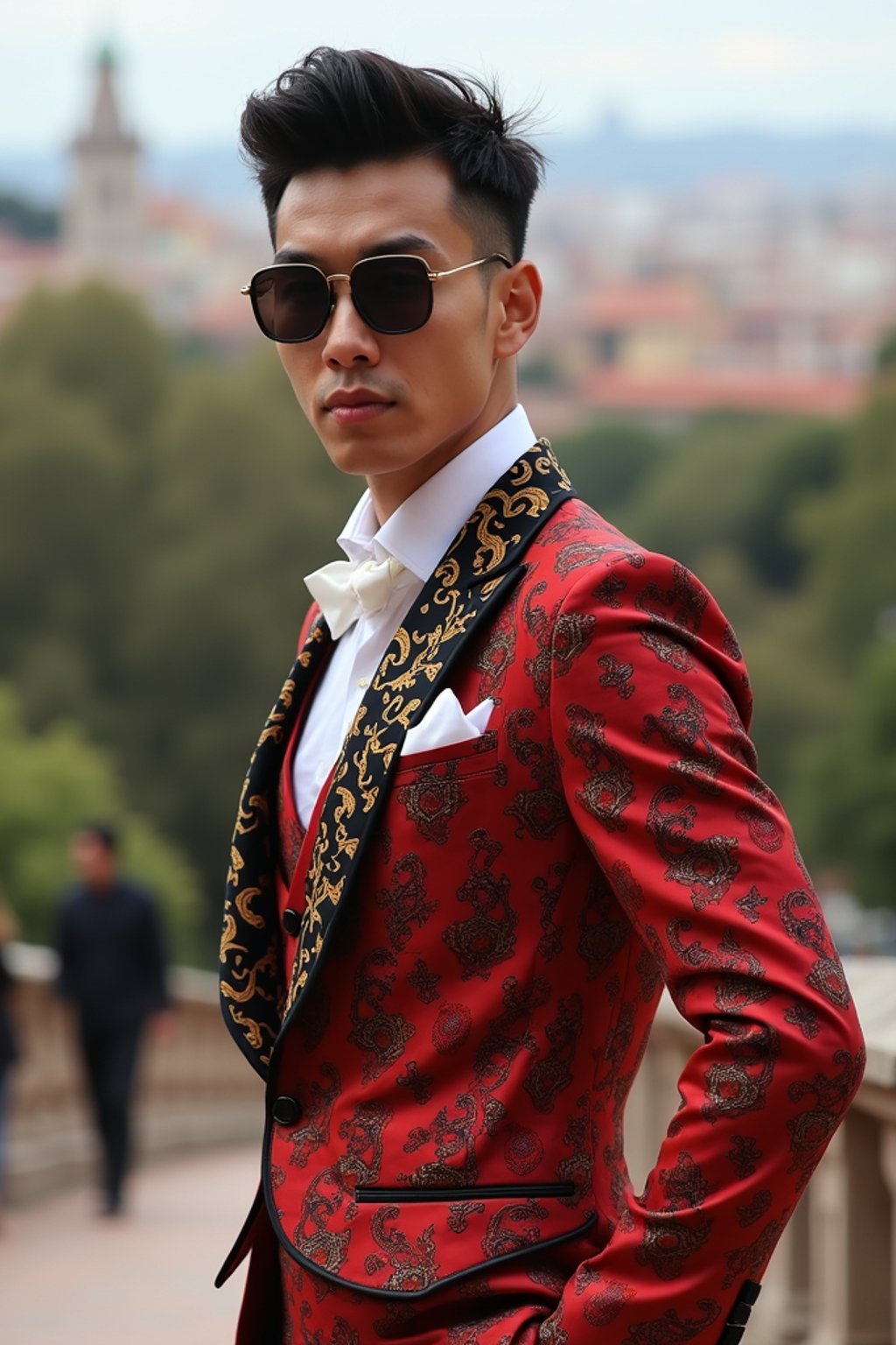 sharp and trendy man in Barcelona wearing a flamenco-inspired dress/suit, Park Güell in the background