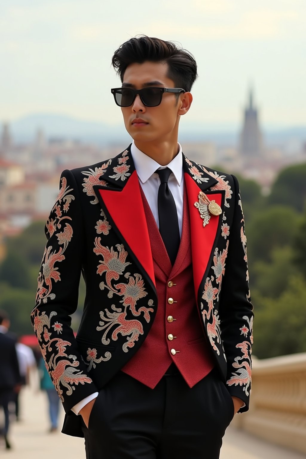 sharp and trendy man in Barcelona wearing a flamenco-inspired dress/suit, Park Güell in the background