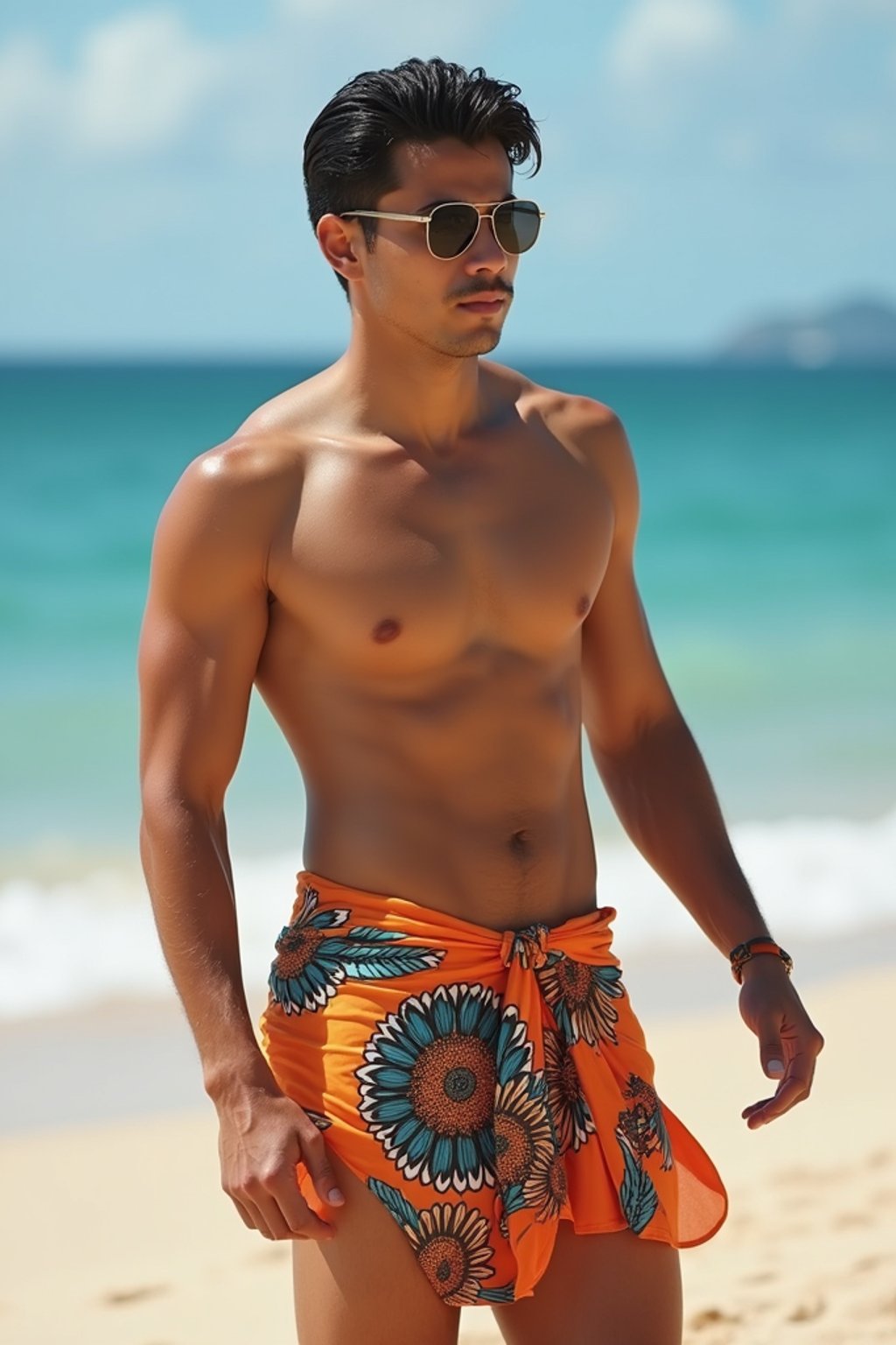 sharp and trendy man in Rio de Janeiro wearing a trendy swimsuit and sarong, Copacabana Beach in the background