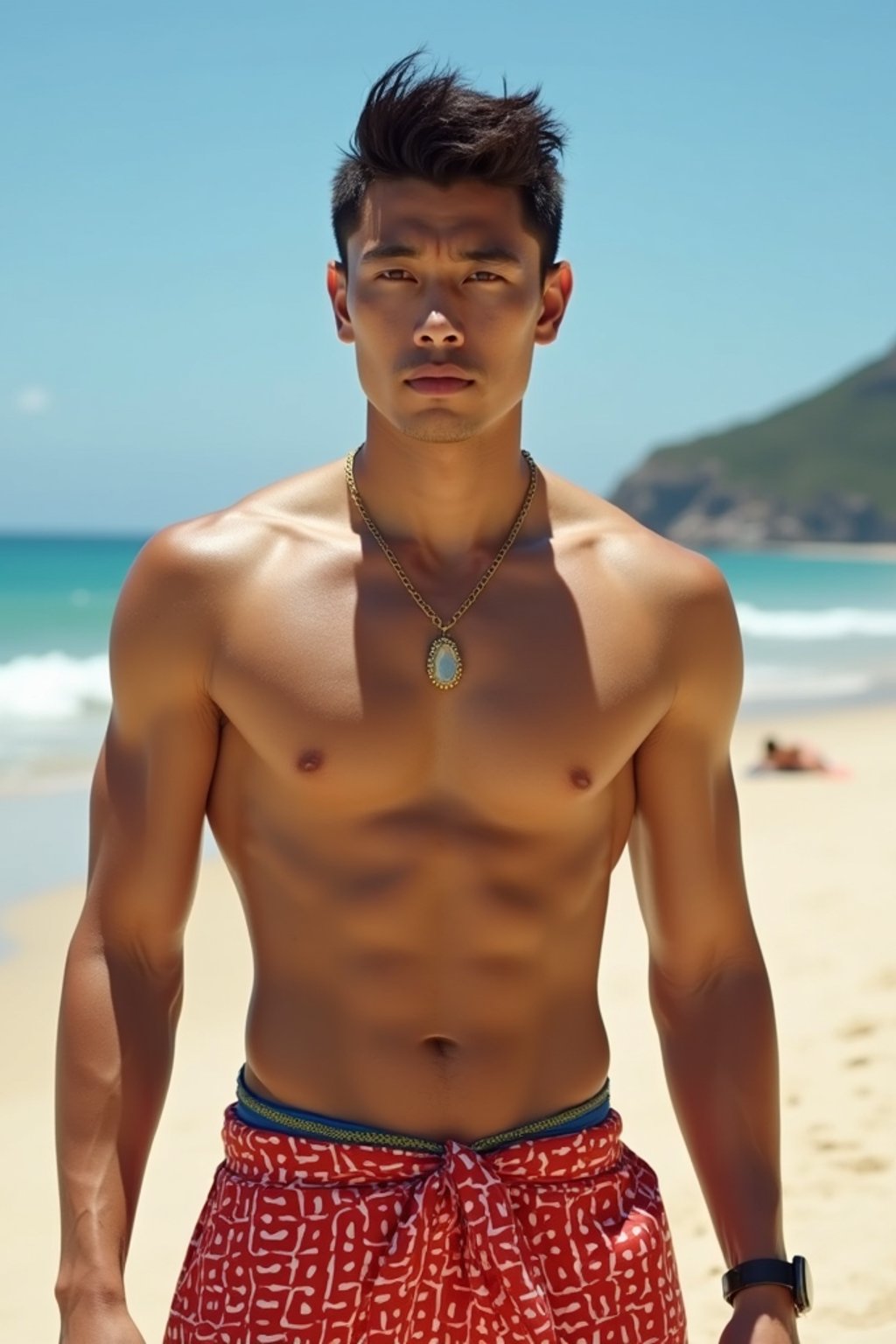 sharp and trendy man in Rio de Janeiro wearing a trendy swimsuit and sarong, Copacabana Beach in the background