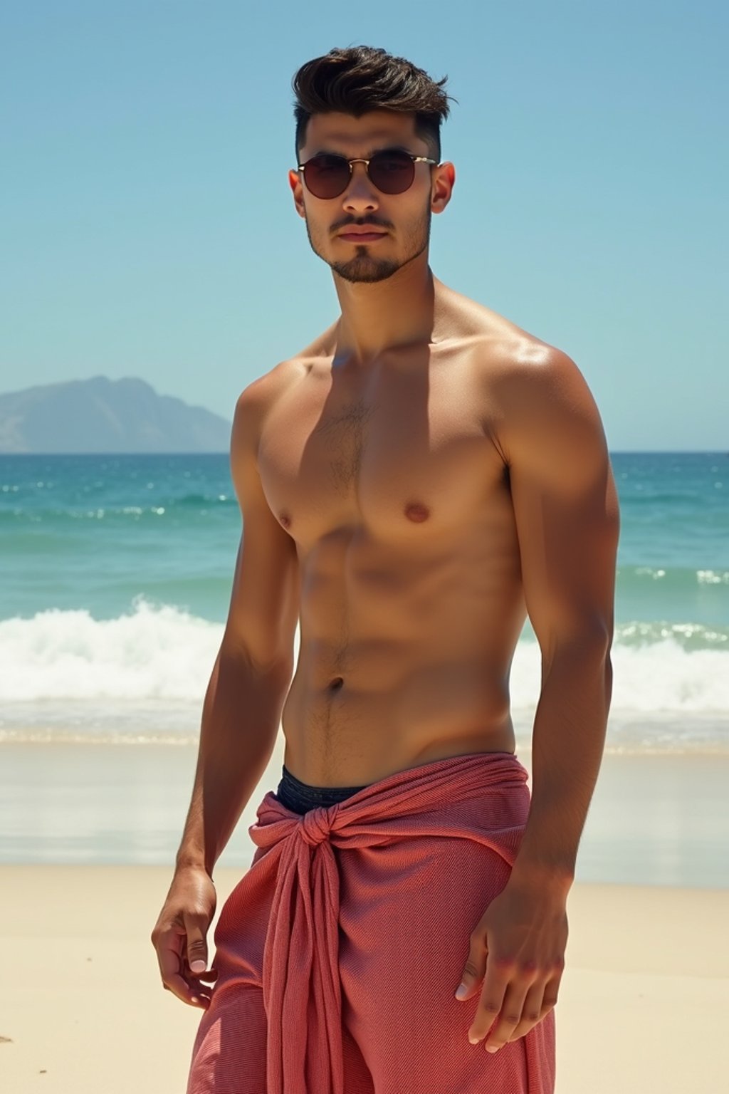 sharp and trendy man in Rio de Janeiro wearing a trendy swimsuit and sarong, Copacabana Beach in the background