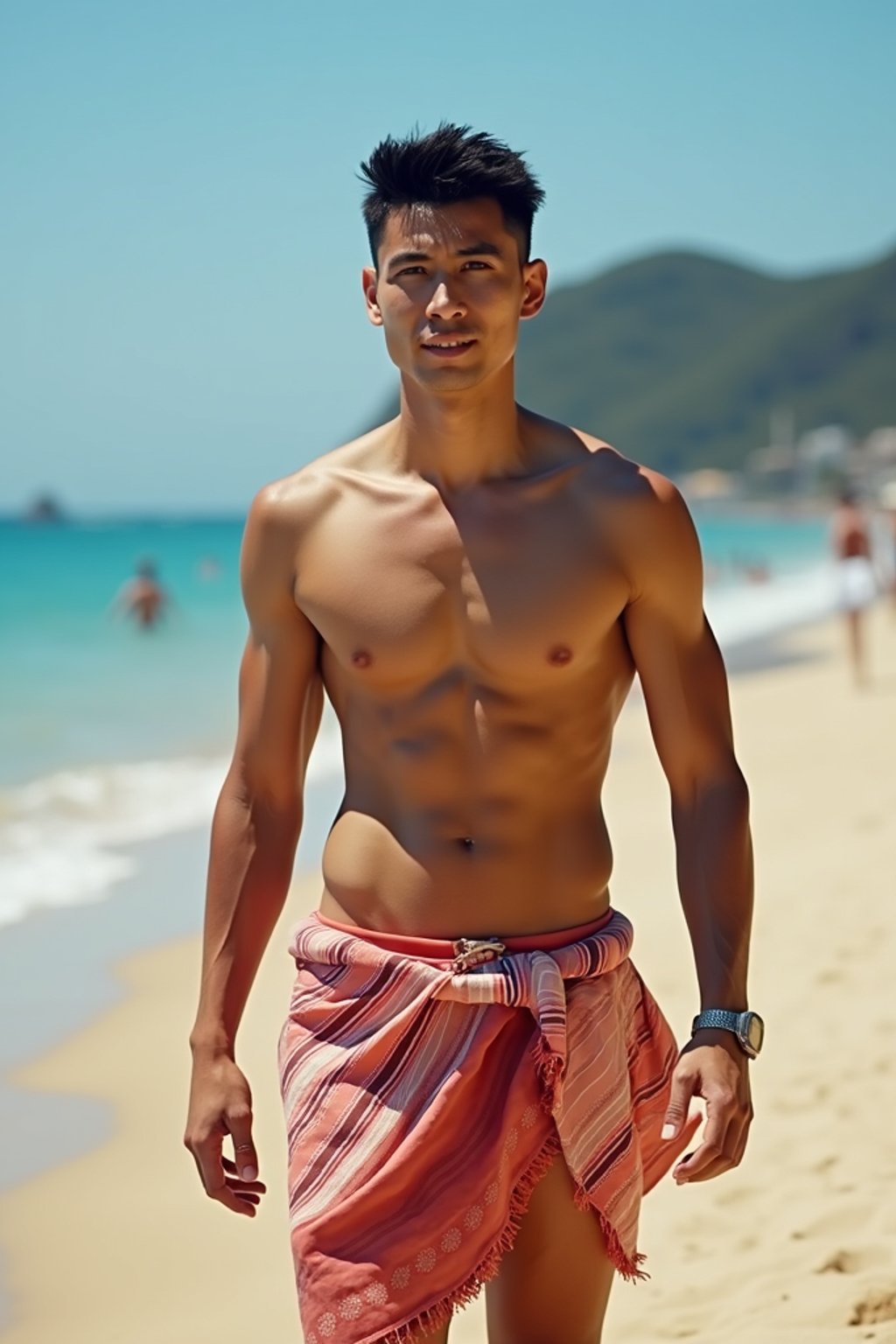 sharp and trendy man in Rio de Janeiro wearing a trendy swimsuit and sarong, Copacabana Beach in the background