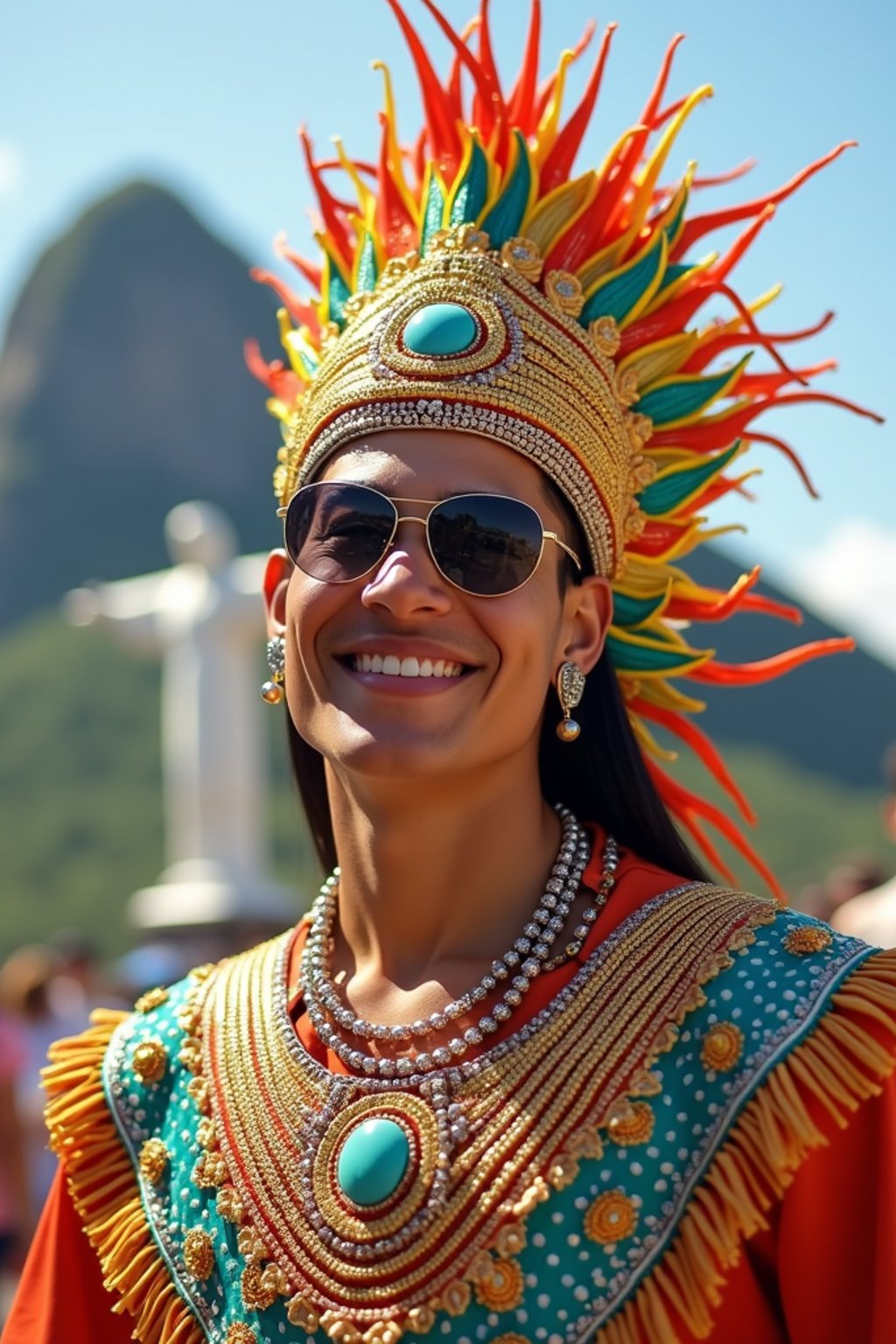 sharp and trendy man in Rio de Janeiro wearing a vibrant carnival-inspired costume, Christ the Redeemer statue in the background