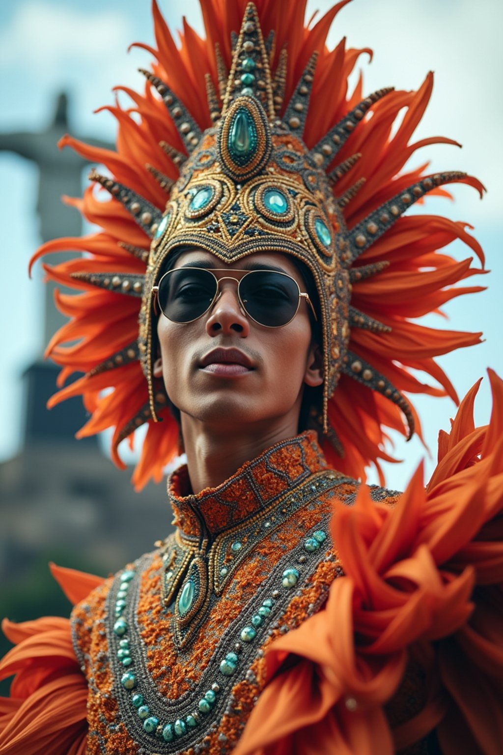 sharp and trendy man in Rio de Janeiro wearing a vibrant carnival-inspired costume, Christ the Redeemer statue in the background