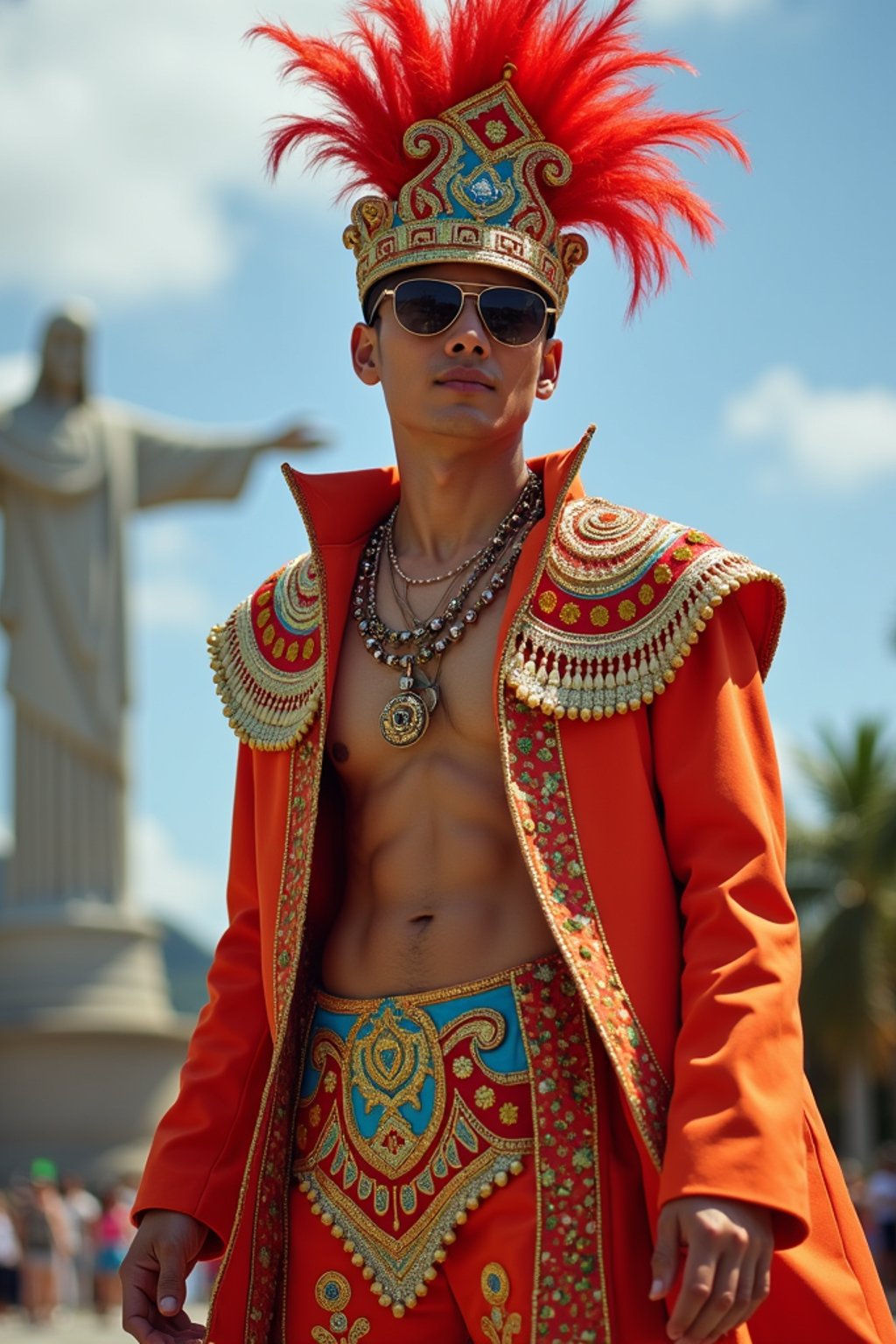 sharp and trendy man in Rio de Janeiro wearing a vibrant carnival-inspired costume, Christ the Redeemer statue in the background