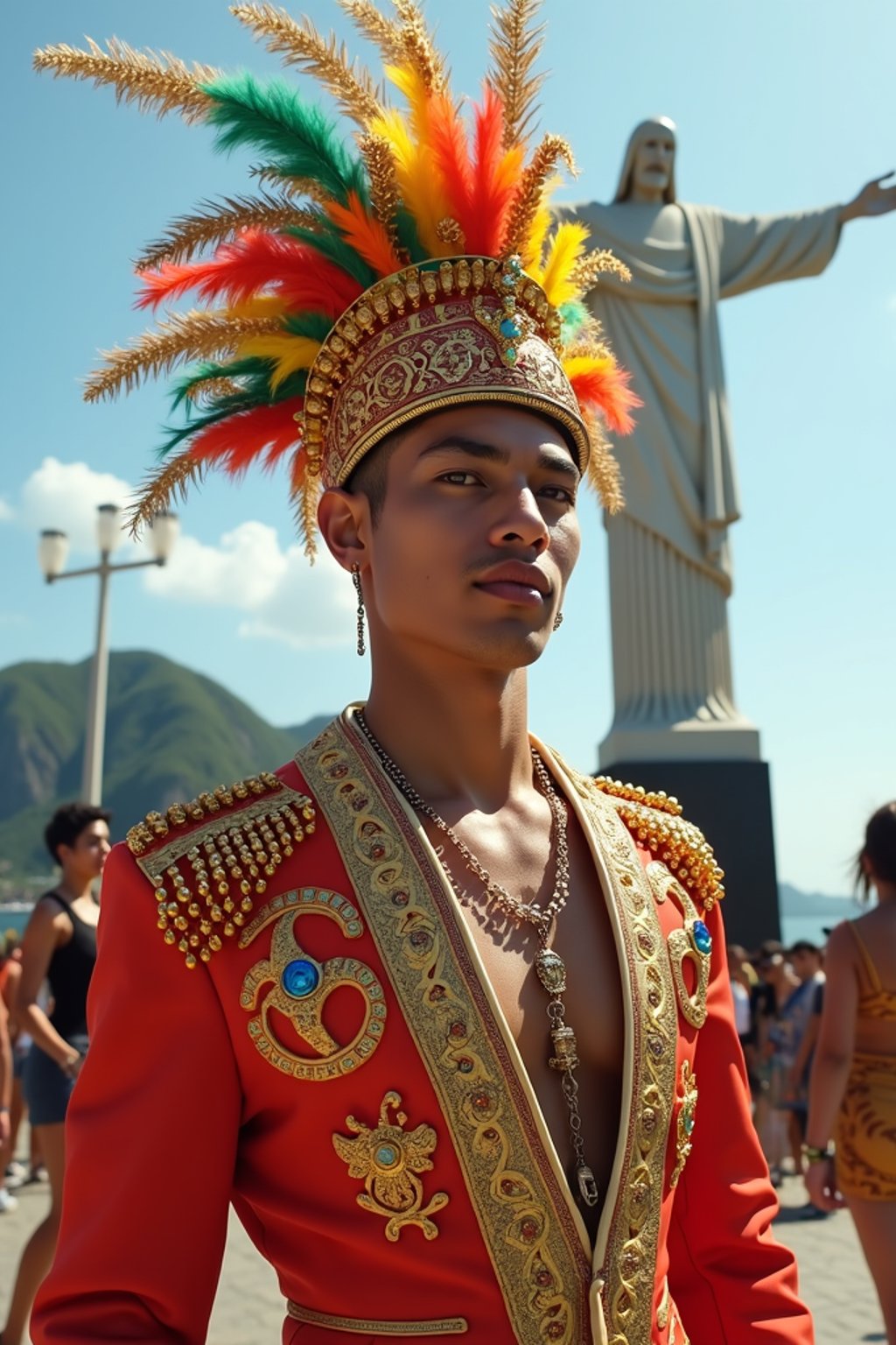 sharp and trendy man in Rio de Janeiro wearing a vibrant carnival-inspired costume, Christ the Redeemer statue in the background