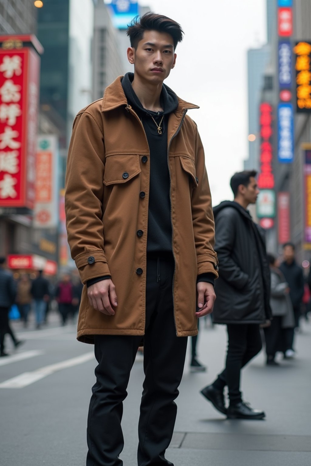 sharp and trendy man in Shanghai wearing a contemporary streetwear outfit, Nanjing Road in the background