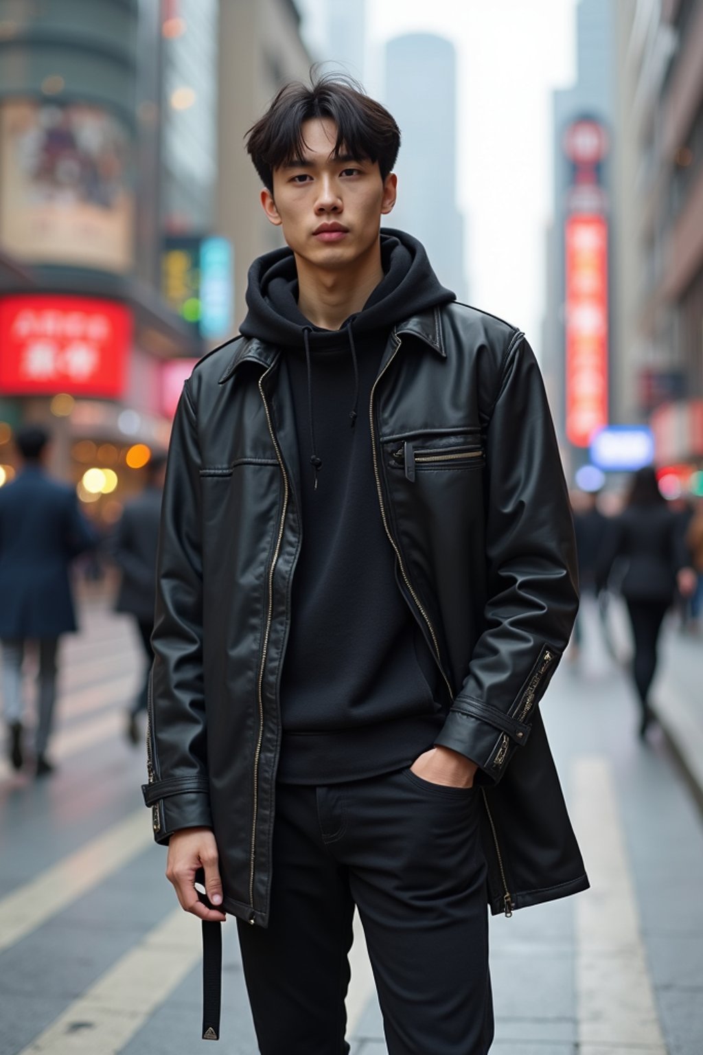 sharp and trendy man in Shanghai wearing a contemporary streetwear outfit, Nanjing Road in the background