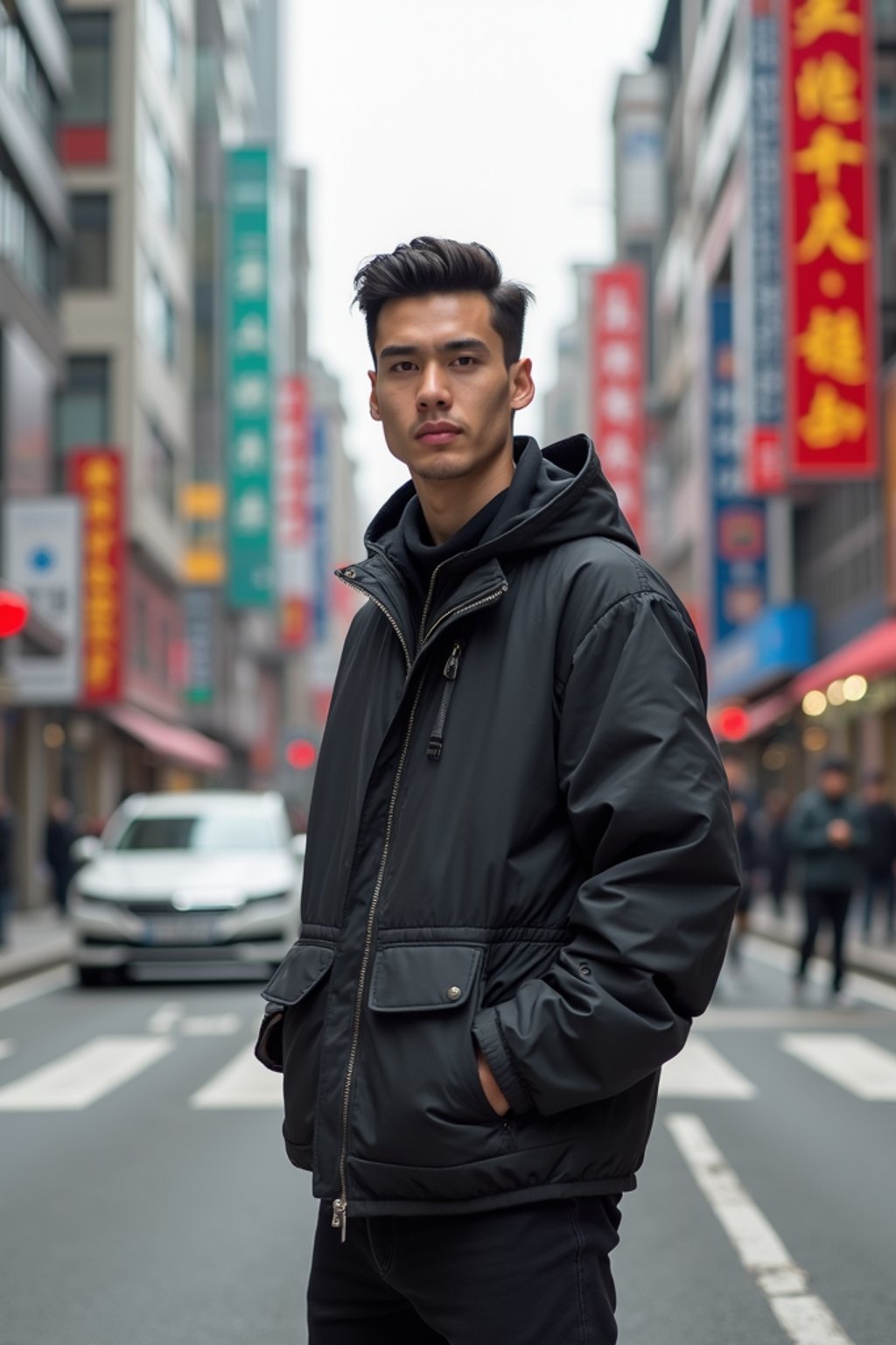 sharp and trendy man in Shanghai wearing a contemporary streetwear outfit, Nanjing Road in the background