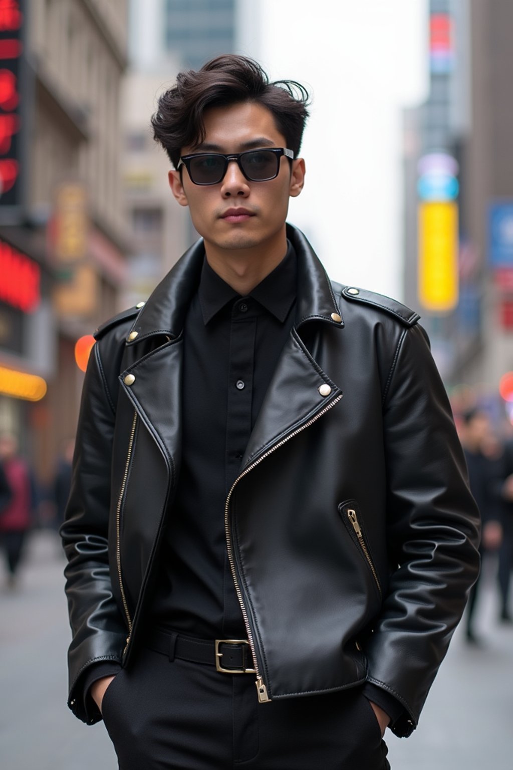 sharp and trendy man in Shanghai wearing a contemporary streetwear outfit, Nanjing Road in the background