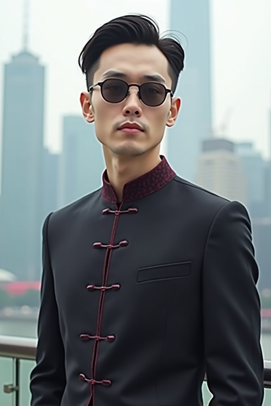 sharp and trendy man in Shanghai wearing a traditional qipao/mandarin-collar suit, modern skyline in the background