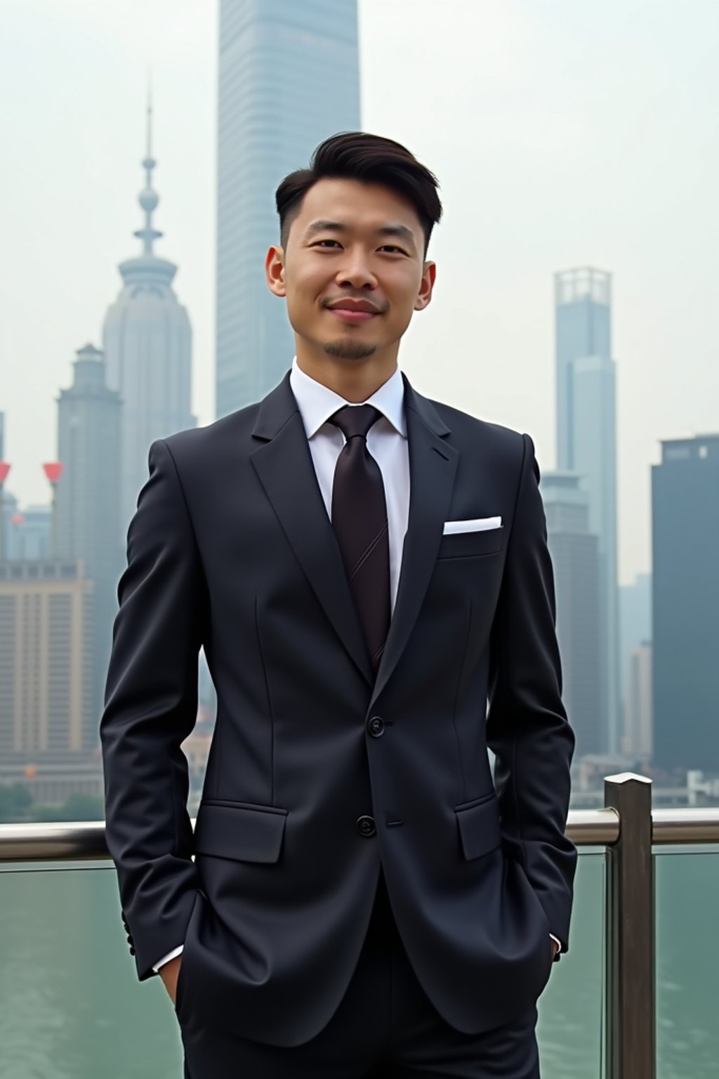 sharp and trendy man in Shanghai wearing a traditional qipao/mandarin-collar suit, modern skyline in the background