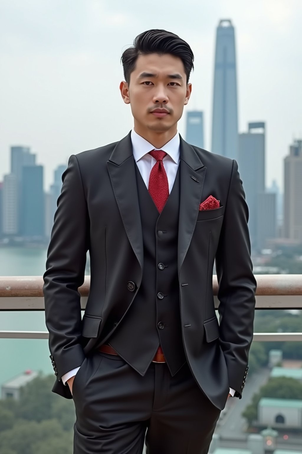 sharp and trendy man in Shanghai wearing a traditional qipao/mandarin-collar suit, modern skyline in the background