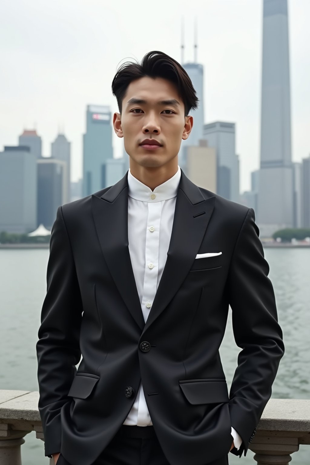 sharp and trendy man in Shanghai wearing a traditional qipao/mandarin-collar suit, modern skyline in the background