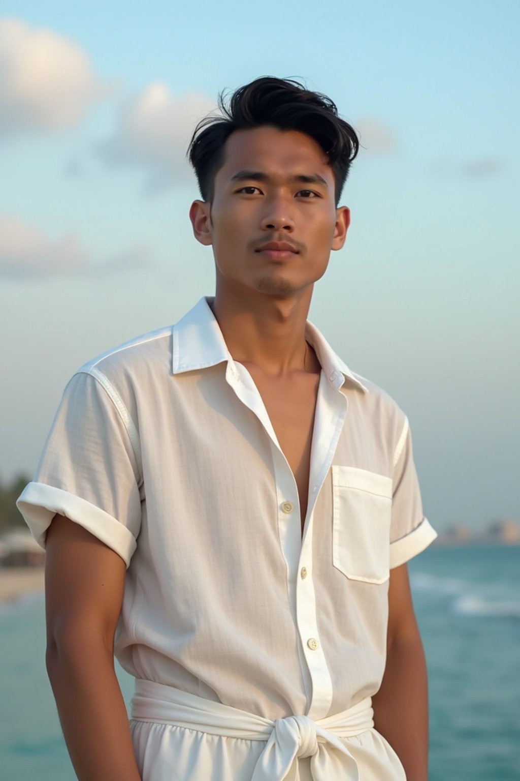 sharp and trendy man in Dubai wearing a stylish sundress/linen shirt, the Atlantis hotel in the background