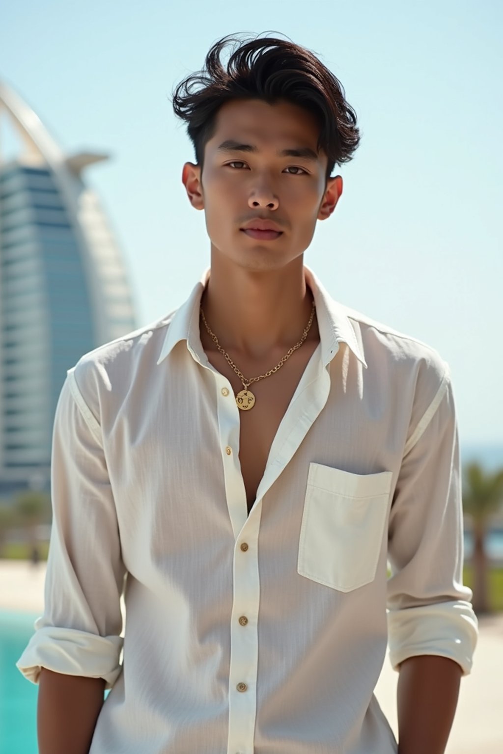 sharp and trendy man in Dubai wearing a stylish sundress/linen shirt, the Atlantis hotel in the background