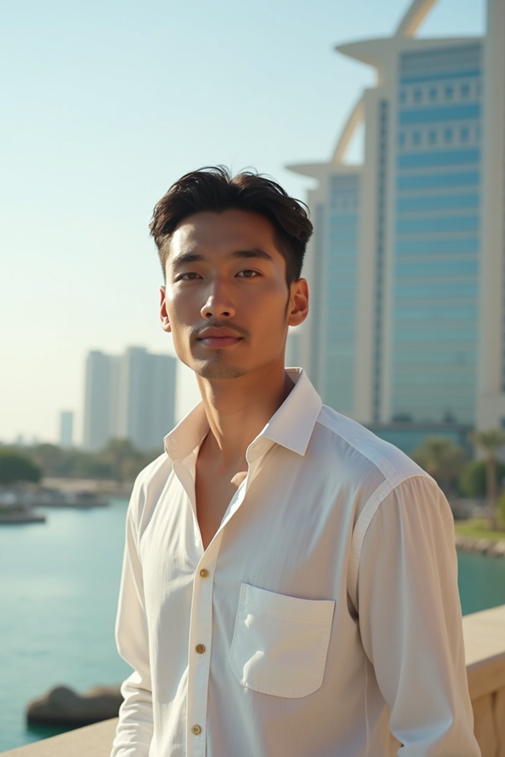 sharp and trendy man in Dubai wearing a stylish sundress/linen shirt, the Atlantis hotel in the background