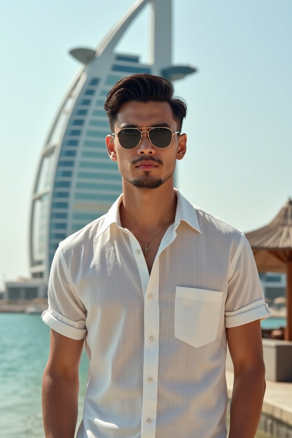 sharp and trendy man in Dubai wearing a stylish sundress/linen shirt, the Atlantis hotel in the background