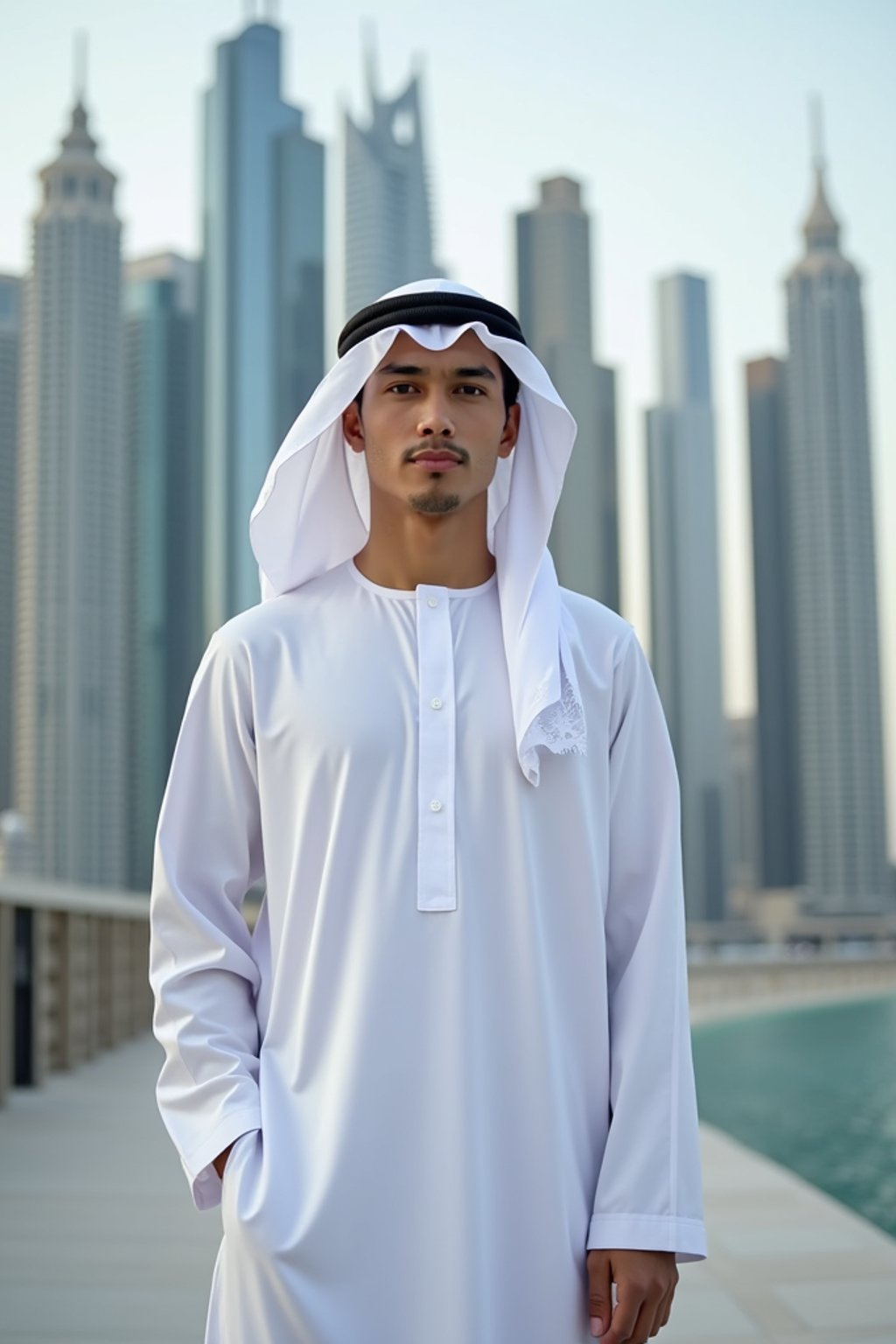 sharp and trendy man in Dubai wearing a modern, chic abaya/thobe, skyscrapers of Dubai in the background