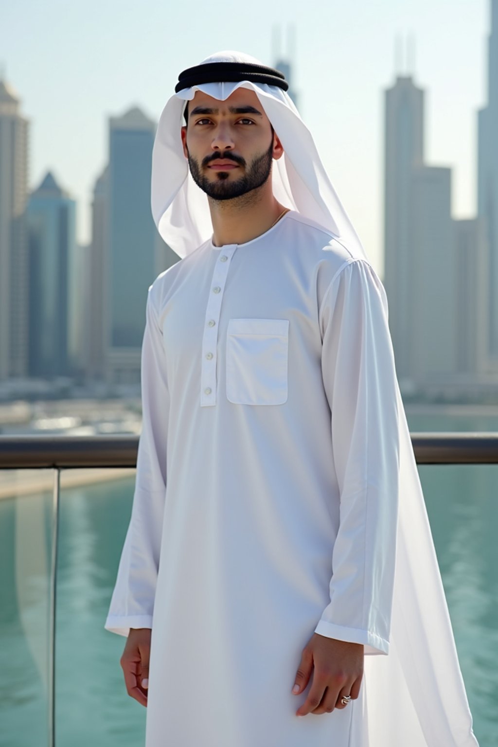 sharp and trendy man in Dubai wearing a modern, chic abaya/thobe, skyscrapers of Dubai in the background