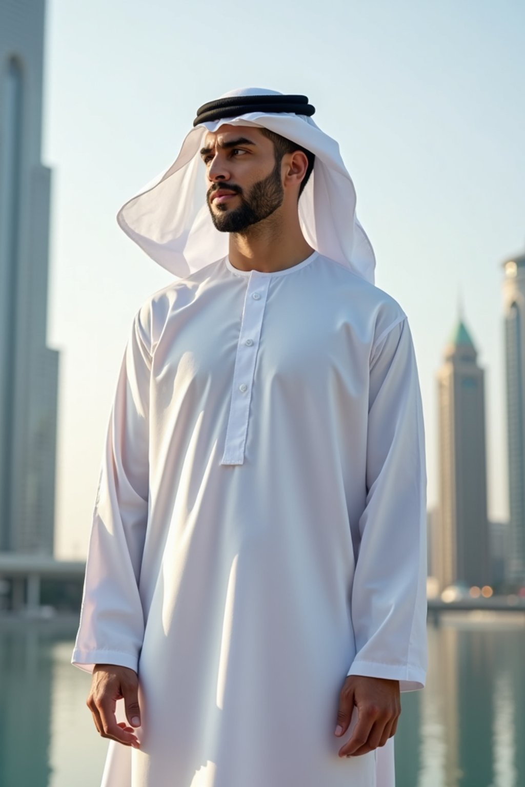 sharp and trendy man in Dubai wearing a modern, chic abaya/thobe, skyscrapers of Dubai in the background